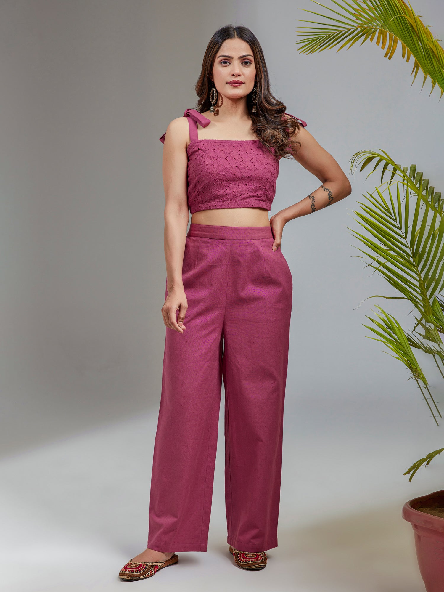 Magenta Cotton Schiffili Crop Top Co-Ord Set